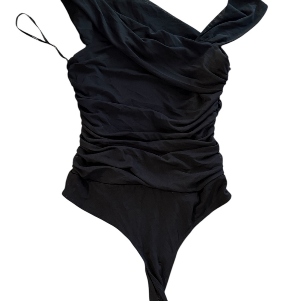 Black ruched one-shoulder bodysuit